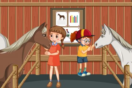 A boy and girl with a horse at stable scene illustration